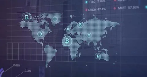 Image of world map and bitcoin signs over dark background Ilustração Stock