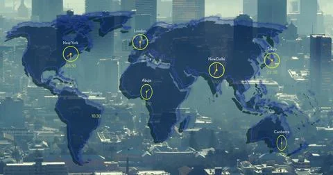 Image of world map and cities of world over cityscape Ilustração Stock