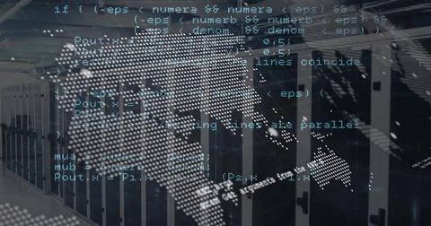 Image of world map and coding data processing over computer server room Stock Photos