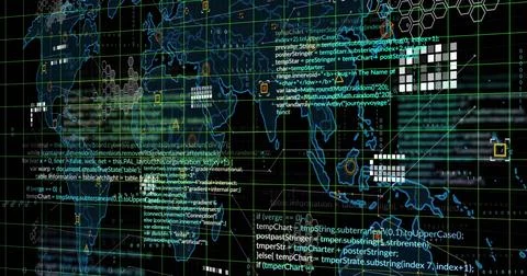 Image of world map and computer data processing over dark background Stock Photos