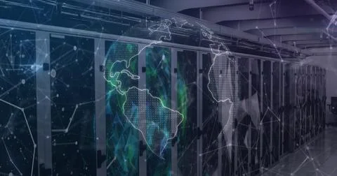 Image of world map and connections over servers Stock Photos