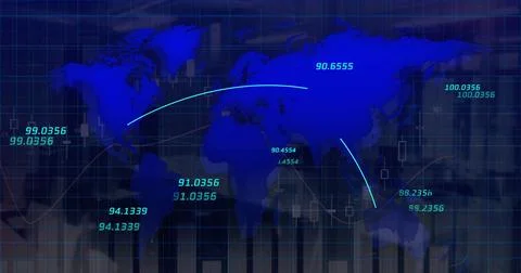 Image of world map and coordinates in navy digital space Stock Photos