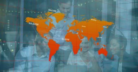 Image of world map and coordinates over people in office and timelapse with Stock Photos