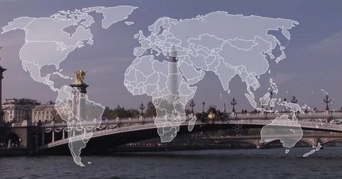 Image of world map and data processing over cityscape Stock Illustration