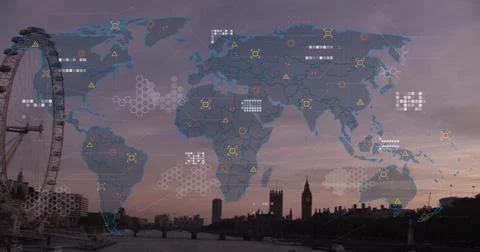 Image of world map and data processing over london cityscape イラスト素材
