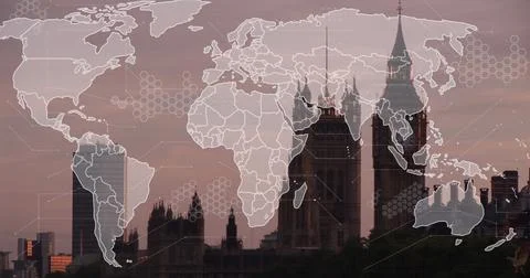 Image of world map and data processing over london cityscape イラスト素材