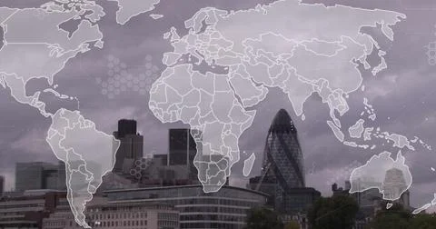 Image of world map and data processing over london cityscape Illustrazione stock