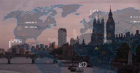 Image of world map and data processing over london cityscape Ilustração Stock