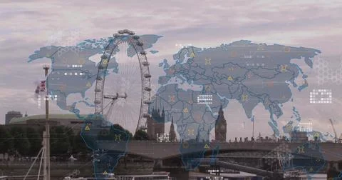 Image of world map and data processing over london cityscape イラスト素材