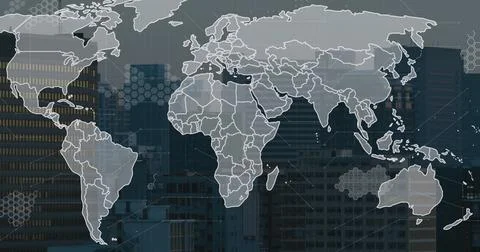 Image of world map and data processing against aerial view of cityscape Stock Illustration