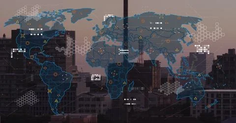 Image of world map and data processing against aerial view of cityscape Stock Illustration