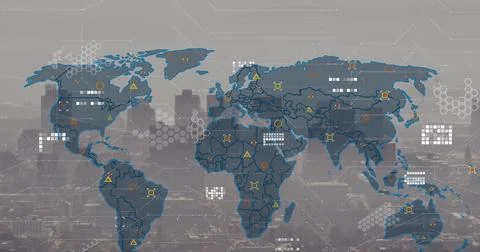 Image of world map and data processing against aerial view of cityscape Illustrazione stock