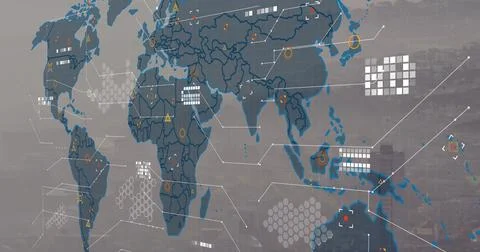 Image of world map and data processing against aerial view of cityscape Stock Illustration