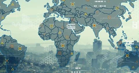 Image of world map and data processing over cityscape Illustrazione stock
