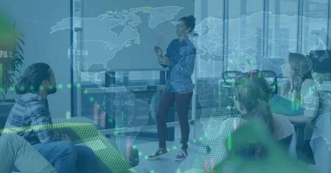 Image of world map and data processing over diverse business people in office Stock Illustration