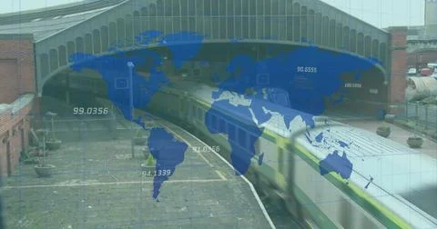 Image of world map and data processing over train station Ilustração Stock