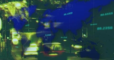 Image of world map and data processing over busy city Illustrazione stock