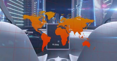 Image of world map and data processing over modern car and city Stock Illustration