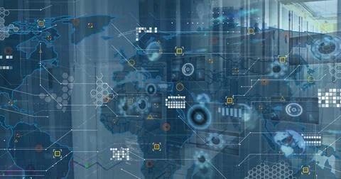 Image of world map and data processing on charts and graphs over computer server Foto stock