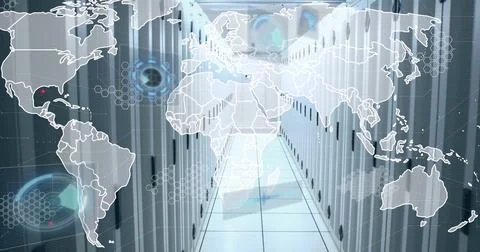 Image of world map and data processing on charts and graphs over computer server Foto stock