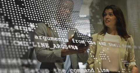 Image of world map and data processing over business people using tablet Stock Photos