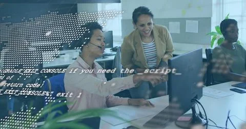 Image of world map and data processing over diverse female coworkers working in Stock Photos