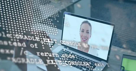 Image of world map and data over african american woman having image call on Foto stock