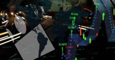 Image of world map and data processing over city at night Stock Photos