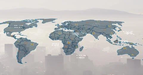 Image of world map and data processing against aerial view of cityscape 스톡 사진