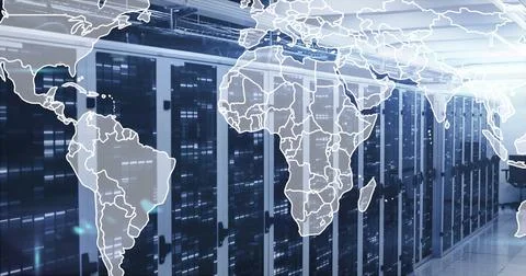 Image of world map and data processing over computer servers 写真素材