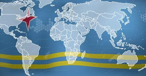 Image of world map and data processing against waving aruba flag background Stock Photos