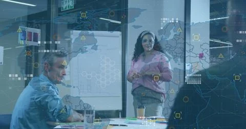 Image of world map and data processing against biracial woman giving a Stock Photos