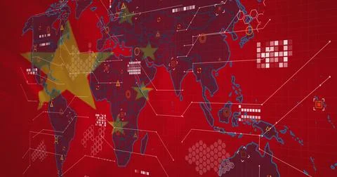 Image of world map and data processing against waving china flag background Stock Photos