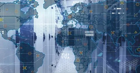 Image of world map and data processing over computer servers Foto stock