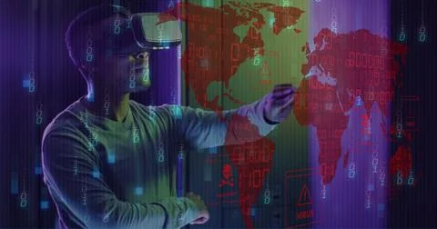 Image of world map and data processing over man wearing vr headset and computer Stock Photos
