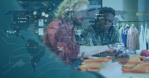 Image of world map and data processing over diverse male designers at fashion Stock Photos