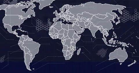 Image of world map and data processing over dark background Stock Photos