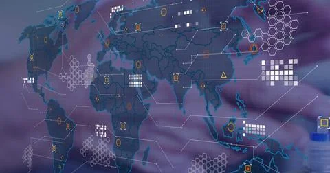 Image of world map and data processing over caucasian man washing hands Stock Photos