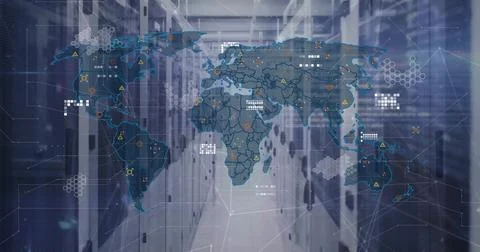 Image of world map and data processing over computer servers Foto stock