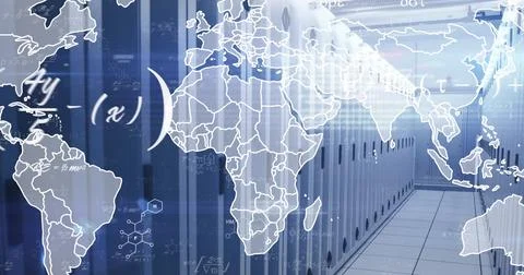 Image of world map and data processing over computer servers 스톡 사진