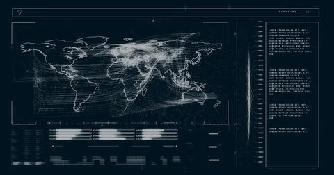 Image of world map and data processing over black background 스톡 사진