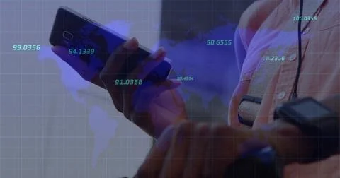 Image of world map and data processing over businesswoman using smartphone Stock Photos