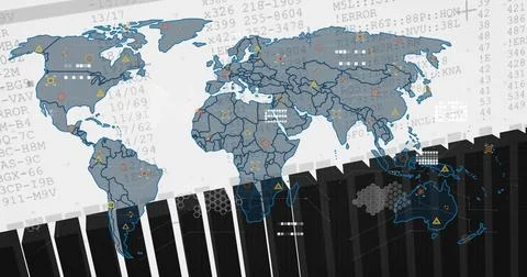 Image of world map and digital data processing over statistics イラスト素材