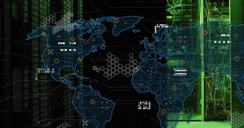 Image of world map and digital data processing over computer servers Stock Illustration
