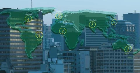 Image of world map and digital data processing over cityscape Stock Illustration