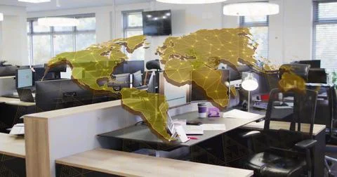 Image of world map and digital data processing over office 스톡 일러스트