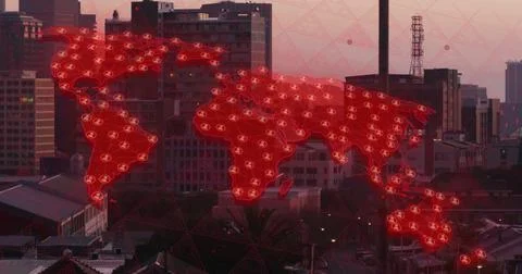 Image of world map and digital data processing over cityscape 스톡 일러스트