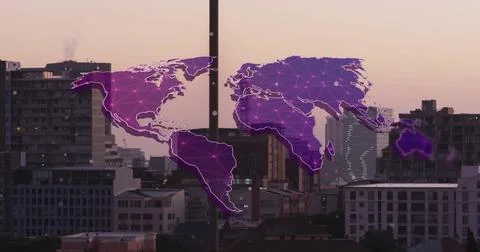 Image of world map and digital data processing over cityscape Illustrazione stock