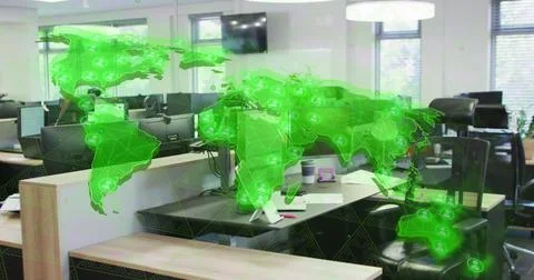 Image of world map and digital data processing over office Illustrazione stock