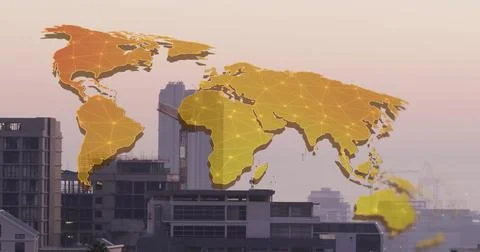 Image of world map and digital data processing over cityscape 스톡 일러스트
